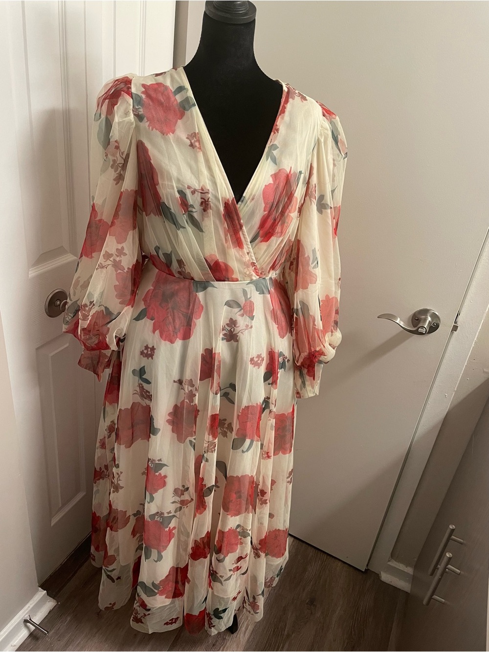 Cream Maxi Dress with Coral Floral Print